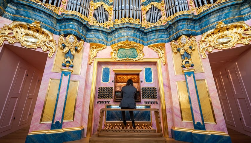 Powiększ obraz: Prof. Piotr Rojek z Akademii Muzycznej we Wrocławiu przy organach Englera w bazylice św. Elżbiety