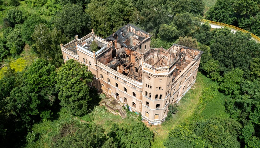 Powiększ obraz: <p>Widok z lotu ptaka na spalony pałac w Świniarach </p>