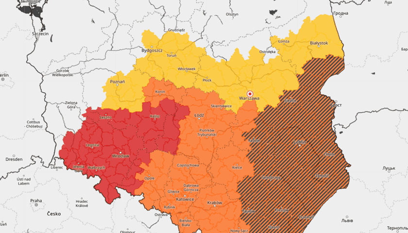 Powiększ obraz: mapa ostrzeżeń meteorologicznych na 19 sierpnia 2024