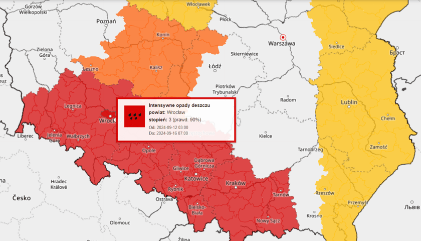 Powiększ obraz: Obszary kraju objęte ostrzeżeniami IMGW