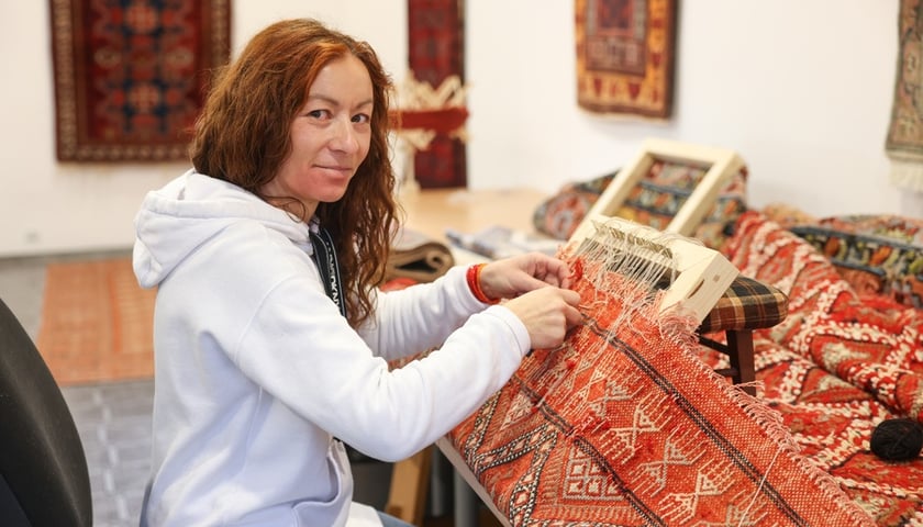 Powiększ obraz: Wiesława Agnieszka Świder naprawia jeden z persów w Klinice Dywanów w swojej pracowni na Różance