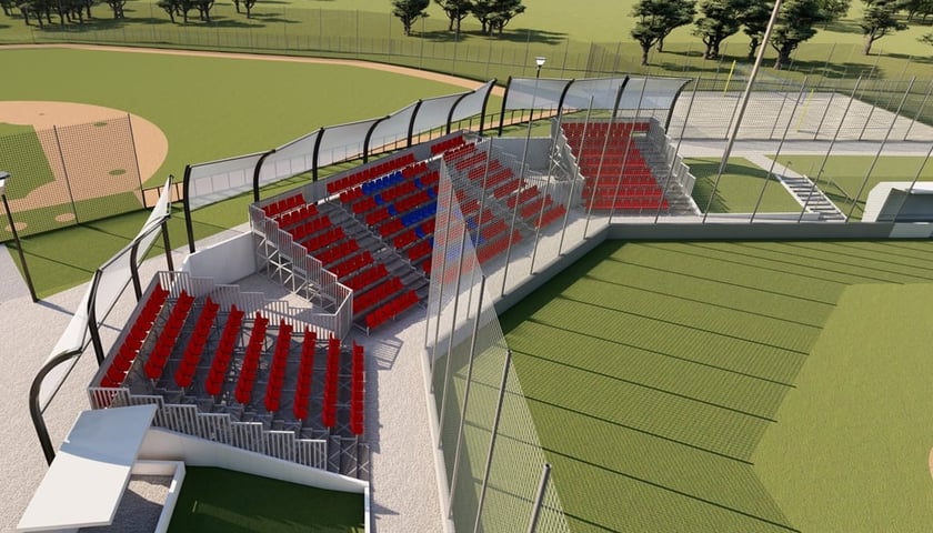 Powiększ obraz: Wizualizacja stadionu do gry w baseball z nową trybuną po przebudowie. Obiekt znajduje się na Zakrzowie