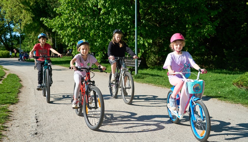 Powiększ obraz: Rowerowy Maj: dzieci jadące przez park Kleciński