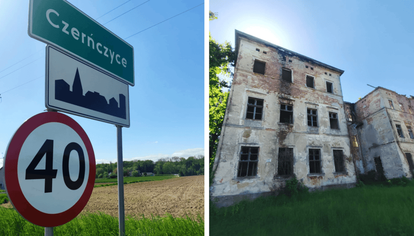 Powiększ obraz: <p>Czerńczyce, tablica przy wjeździe do wsi oraz ruiny dawnego pałacu von Zedlitza</p>