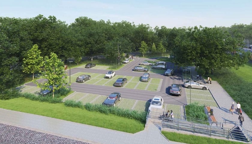 Powiększ obraz: Samochody na zaprojektowanym parkingu przy stacji kolejowej w Leśnicy (wizualizacja)