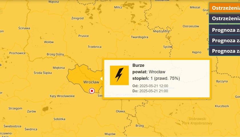 Powiększ obraz: Ostrzeżenie meteorologiczne przed burzami dla Wrocławia