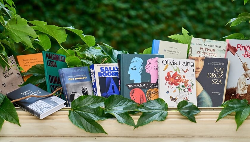 Powiększ obraz: Na zdjęciu książki polecane na lato 2025 ustawione w oknie, w tle zielone pnące rośliny
