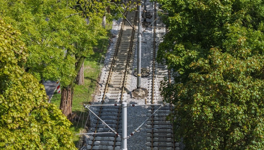 Powiększ obraz: Nowe torowisko w ulicy Kosmonautów wśród zielonych drzew z lotu ptaka