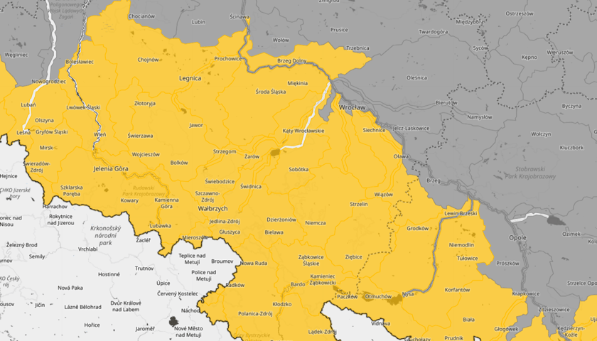 Powiększ obraz: <p>Ostrzeżenie hydrologiczne pierwszego stopnia - możliwe gwałtowne wzrosty stan&oacute;w w&oacute;d, mapa.</p>
