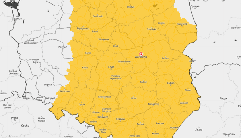 Powiększ obraz: <p>Ostrzeżenie meteorologiczne pierwszego stopnia przed deszczem z burzami w dniu 14.09.2025, mapa.</p>