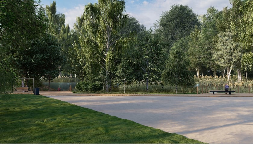 Wizualizacje parku kieszonkowego przy stawie na ul. Karpnickiej  na Praczach Odrzańskich