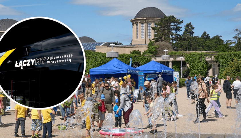 Powiększ obraz: Ludzie na pikniku pod Halą Stulecia, w kółku szyba autobusu z napisem: łączymy aglomerację wrocławską