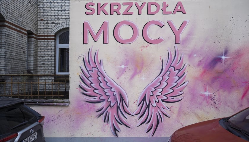Różowe skrzydła z napisem SKRZYDŁA MOCY namalowane na ścianie szpitala na Hirszfelda