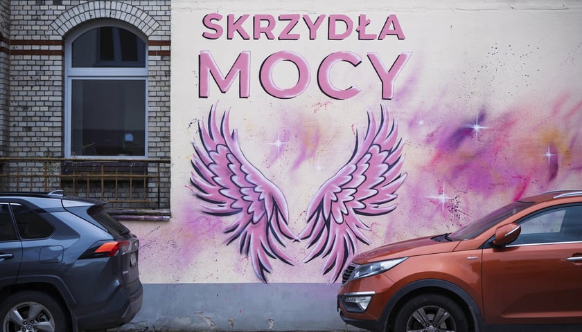 Różowe skrzydła z napisem SKRZYDŁA MOCY namalowane na ścianie szpitala na Hirszfelda