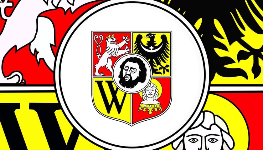 Powiększ obraz: Herb Wrocławia, w centralnym miejscu tarczy znajduje się motyw ściętej głowy św. Jana Chrzciciela na tacy
