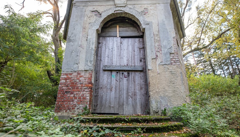 Mauzoleum Hochberg&oacute;w w Wąbnicach - budynek w środku lasu
