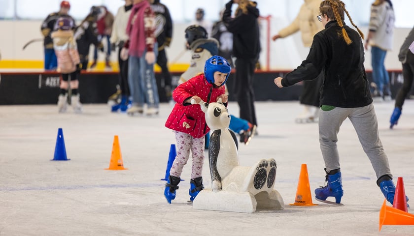 Powiększ obraz: Dwie dziewczynki na łyżwach, starsza i młodsza z pomocnikiem