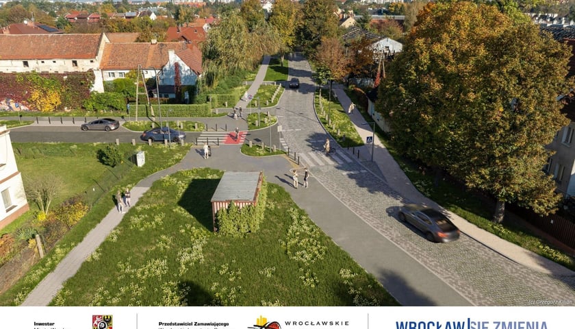 Powiększ obraz: Wizualizacja ulicy Pawiej po remoncie. Widok na skrzyżowanie z Jasienicy