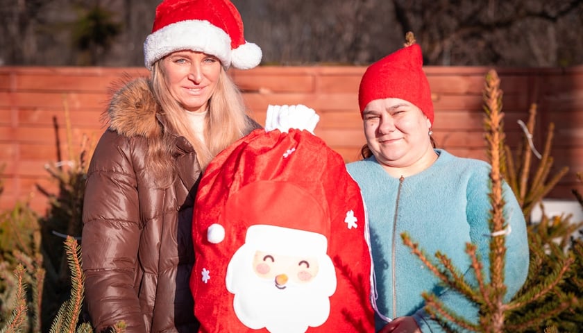 Powiększ obraz: Joanna Sajdak i Justyna Ambroży - sprzedawczynie z targowiska Lotnicza z czerwonym workiem z mikołajem wśród choinek