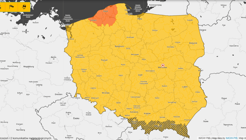 Powiększ obraz: <p>Ostrzeżenie meteorologiczne przed oblodzeniem od godz. 21.00 w dniu 02.01.2026 do godz. 8.00 w dniu 03.01.2026 - mapa</p>