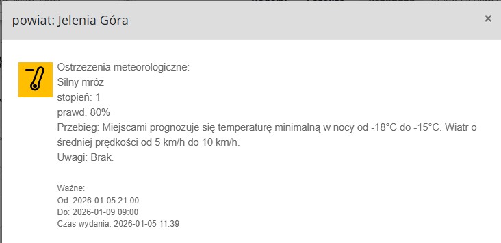 Powiększ obraz: Ostrzeżenie przed silnym mrozem na Dolnym Śląsku, 8 stycznia 2026