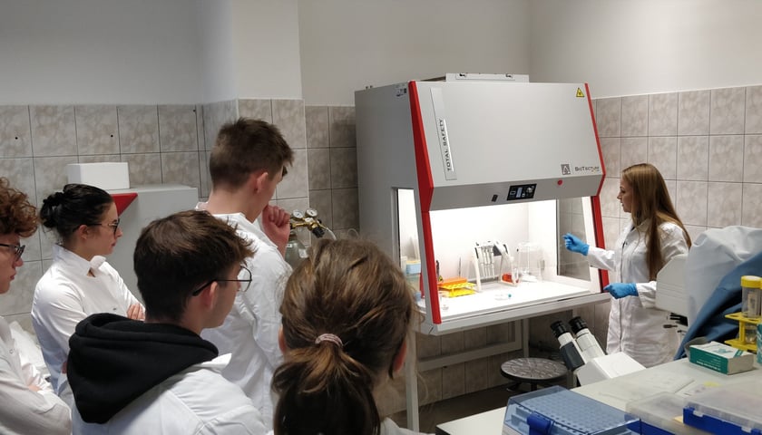 Powiększ obraz: Młodzi ludzie w białych fartuchach i dr Magdalena Zyzak z Zakładu Biologii Eksperymentalnej Uniwersytetu Przyrodniczego we Wrocławiu; naukowczyni pokazuje komorę laminarną, która pozwala zachować sterylne warunki pracy z liniami komórkowymi