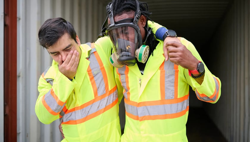 Powiększ obraz: Dwóch mężczyzna w kombinezonach odblaskowych: jeden zasłania ręką twarz i wspiera się na ramieniu drugiego, który idzie w założonej na twarz masce przeciwgazowej