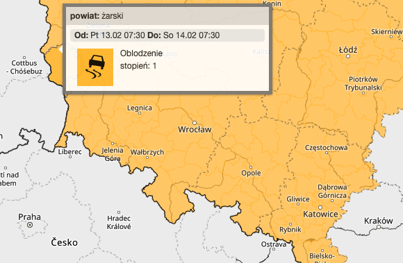 Powiększ obraz: <p>Oblodzenie 1. stopnia - prognozowane ostrzeżenie wydane przez IMGW</p>