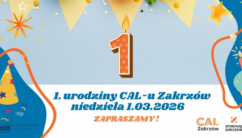 Powiększ obraz: Grafika z palącą się świeczką zapraszająca na 1. urodziny CAL Zakrzów 1 marca 2026 roku