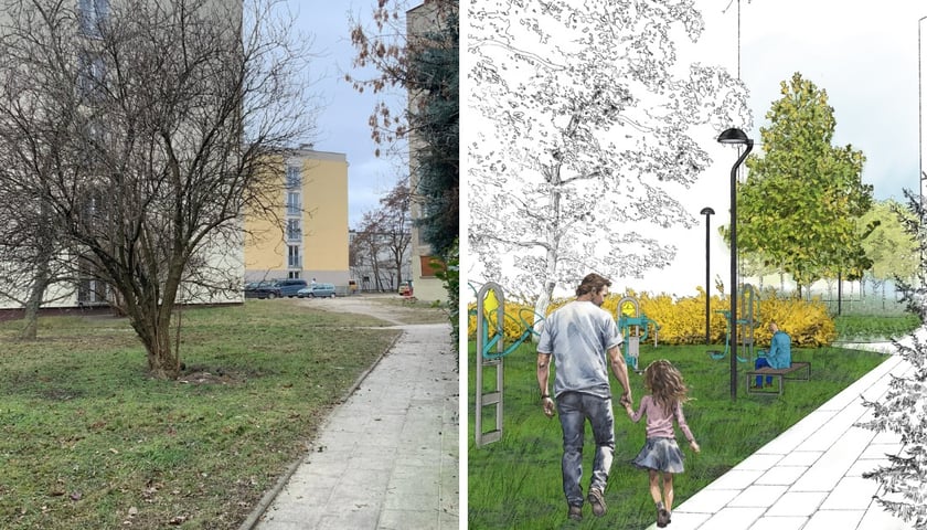 Powiększ obraz: <p>Tak będzie w przyszłości prezentowac się podw&oacute;rko&nbsp; - więcej zieleni, latarnie i nowe chodniki</p>