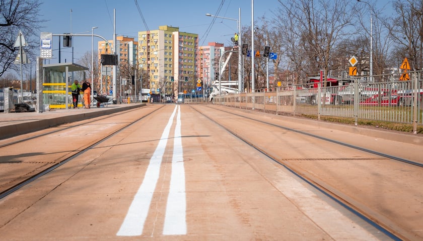 Powiększ obraz: 200-metrowy odcinek trasy autobusowo-tramwajowej jest już niemal gotowy. Zdjęcie z 11 marca&nbsp;