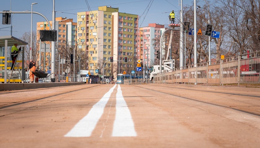 Powiększ obraz: 200-metrowy odcinek trasy autobusowo-tramwajowej jest już niemal gotowy. Zdjęcie z 11 marca&nbsp;