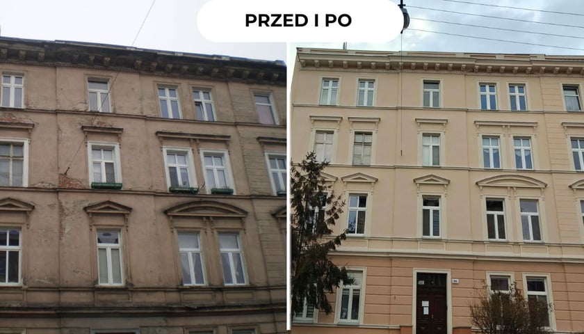 Powiększ obraz: Kamienica na roku Zegadłowicza i Kraszewskiego przed i po remoncie (od lewej do prawej)