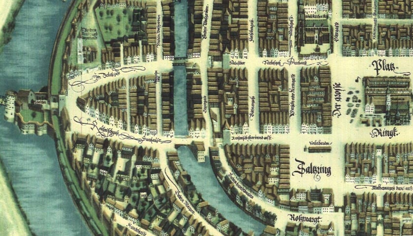 Powiększ obraz: Fragment mapy Wrocławia z 1562 roku. Nieopodal wewnętrznej fosy widoczna nieistniejąca już Brama Ruska.