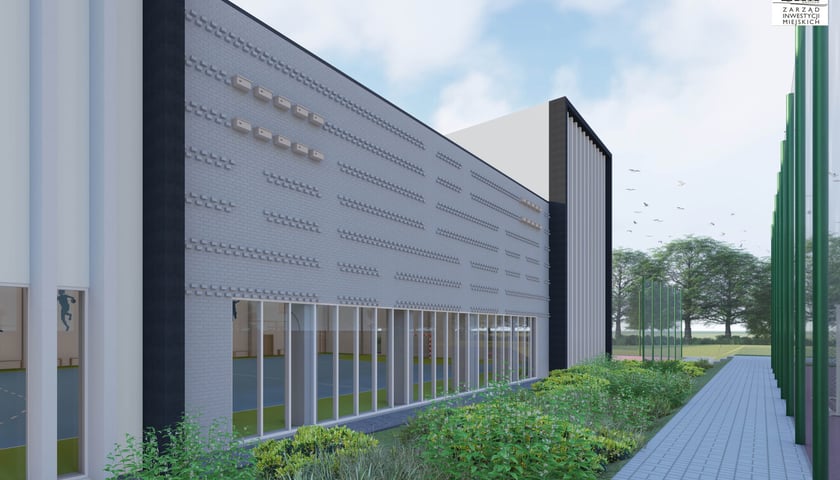 Powiększ obraz: <p>Wizualizacja elewacji p&oacute;łnocnej (rozbudowa o blok sportowy) SP 76 przy ul. Wandy</p>