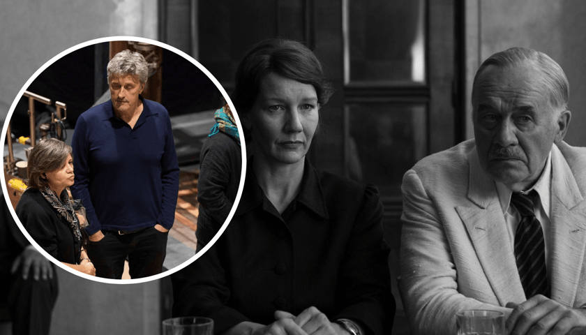W tle kadr z filmu  „Ojczyzna" - Sandra Hüller i Hanns Zischler w rolach Thomasa Manna i jego córki Eriki. W kółku z lewej Paweł Pawlikowski podczas zdjęć do filmu we Wrocławskiej Wytwórni Filmowej.