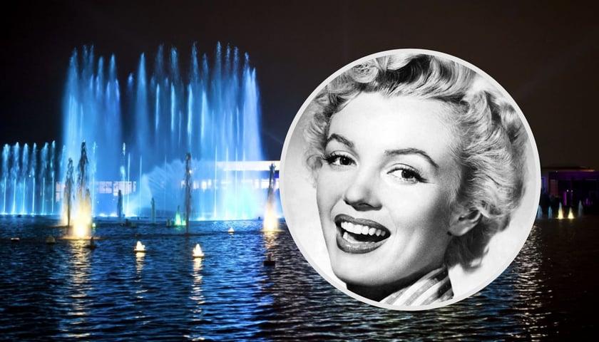 Na zdjęciach widać Fontannę Multimedialną i uśmiechniętą twarz Marilyn Monroe