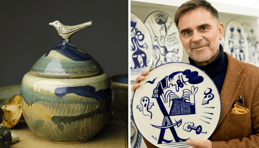 Z lewej praca Agi Ciszewskiej, z prawej Tomasz Broda i jedna z ręcznie malowanych kobaltem ceramicznych pater ozdobionych scenami z filmu „Rękopis znaleziony w Saragossie”