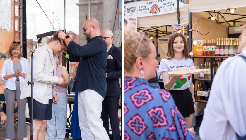 Po lewej: Jacek Sutryk wieszający medal na szyi laureata Delicji 2026, po prawej: dziewczyna z tacą na festiwalu na Rynku (6 czerwca 2026)