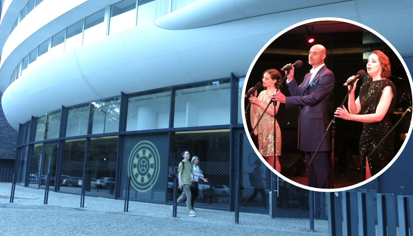 Na zdjęciu dużym wejście do dawnego kasyna OVO przy Podwalu 83, na małym zdjęciu w kółku artyści Teatru Polskiego podczas próby do spektaklu z piosenkami Zbigniewa Wodeckiego