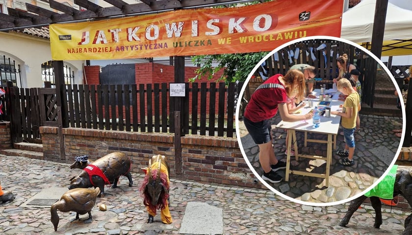 Na zdjęciu dużym baner i pomnik zwierząt rzeźnych na Jatkach, na małym zdjęciu w kółku warsztaty podczas Jatkowiska 2025