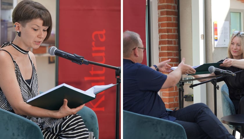 Zdjęcie podzielone na pół: z lewej - siedząca kobieta czytająca książkę do mikrofonu; z prawej - mężczyzna i kobieta podają sobie otwartą książkę - 12. Wrocławski Maraton Czytelniczy, 21 czerwca 2026 r.
