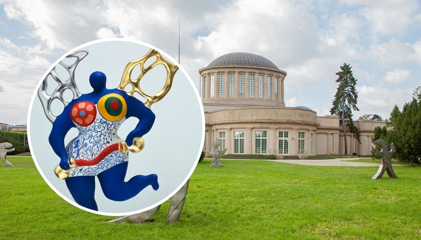 na zdjęciu dużym Pawilon Czterech Kopuł, na zdjęciu małym praca Niki de Saint Phalle