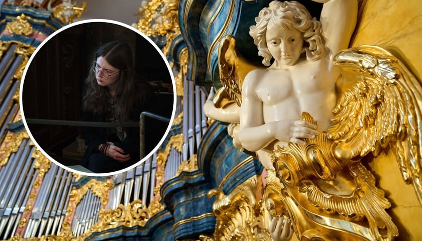 W tle: organy w bazylice św. Elżbiety, w kółku: Charles Balcer
