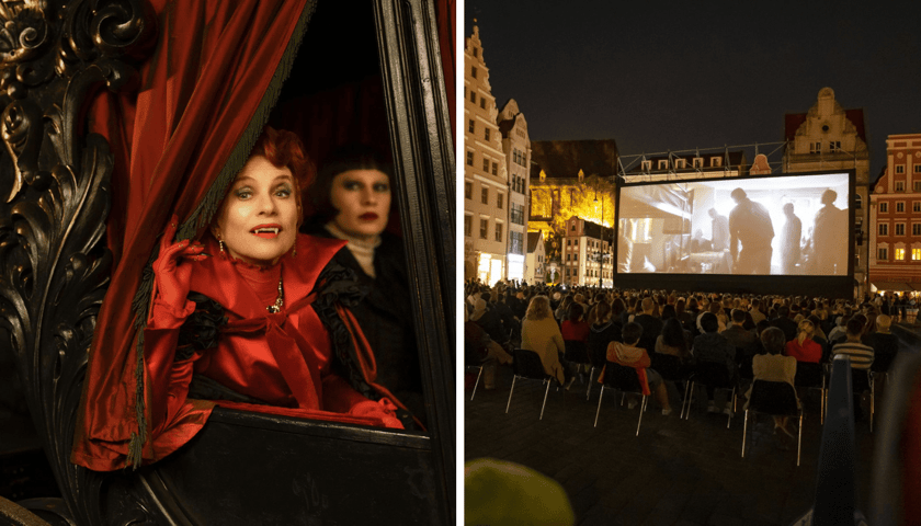 Zestawienie 2 zdjęć: z lewej kadr z filmu "Blood Countess", reż. Ulrike Ottinger (dwie postaci w karocy), z prawej ekran kinowy w Rynku we Wrocławiu