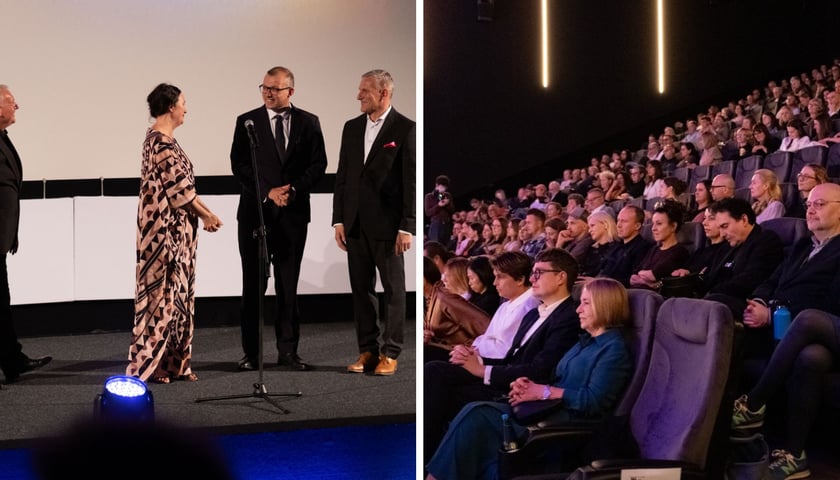 Kolaż przedstawia scenę z czterema elegancko ubranymi osobami po lewej stronie oraz widownię wypełniającą ciemną salę kinową po prawej. We Wrocławiu rozpoczął się festiwal Tauron Nowe Horyzonty , 23.07.2026