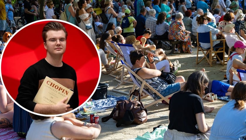 Na dużym zdjęciu publiczność podczas koncertu w Parku Południowym, na małym zdjęciu Piotr Alexewicz podczas próby w NFM