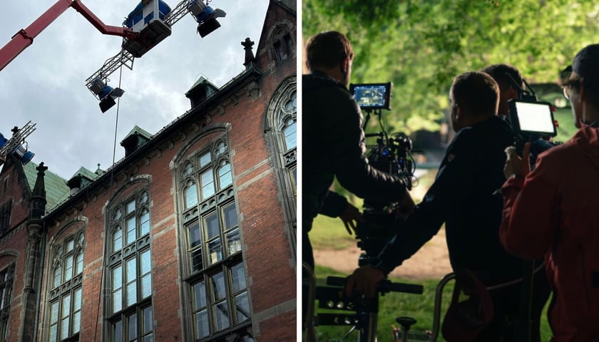 Zdjęcie podzielone na pół: z lewej - lampy oświetleniowe na wysięgnikach na planie filmowym przy zabytkowym budynku we Wrocławiu,; z prawej - grupa osób przy kamerze podczas kręcenia filmu.