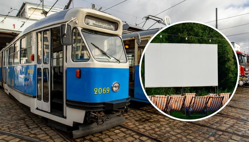 dwa zdjęcia ilustracyjne: w tle: przedstawiające wystawę zabytkowych tramwajów w zajezdni "Ołbin"; w kółku: ekran kina plenerowego