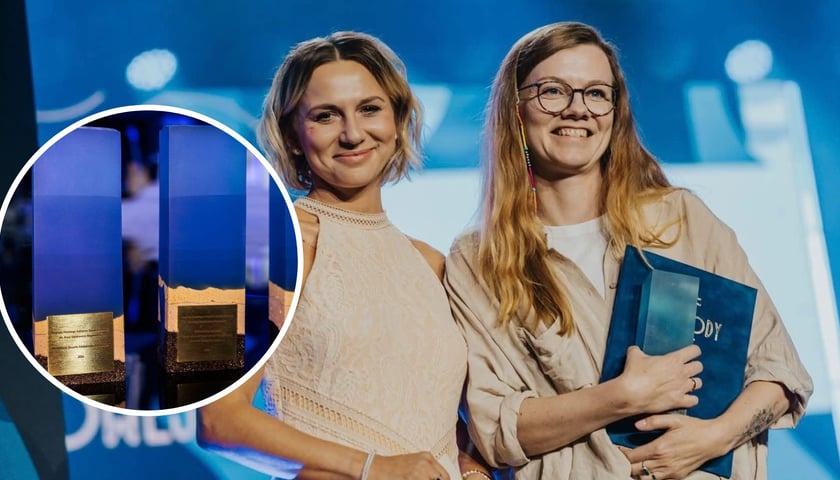 Na zdjęciu Natalia Daszek z Festiwalu Korelacje z nagrodą Polskiego Instytutu Sztuki Filmowej, na małym zdjęciu w kółku statuetki